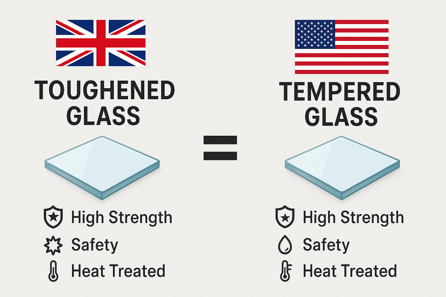 Comparison showing toughened and tempered glass are identical