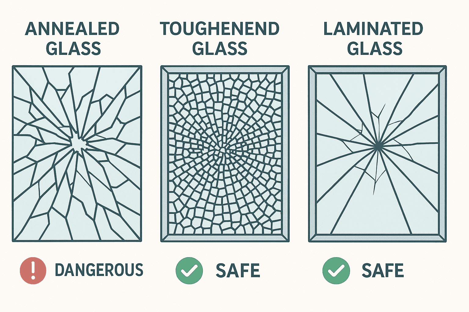 Comparison of different glass breakage patterns