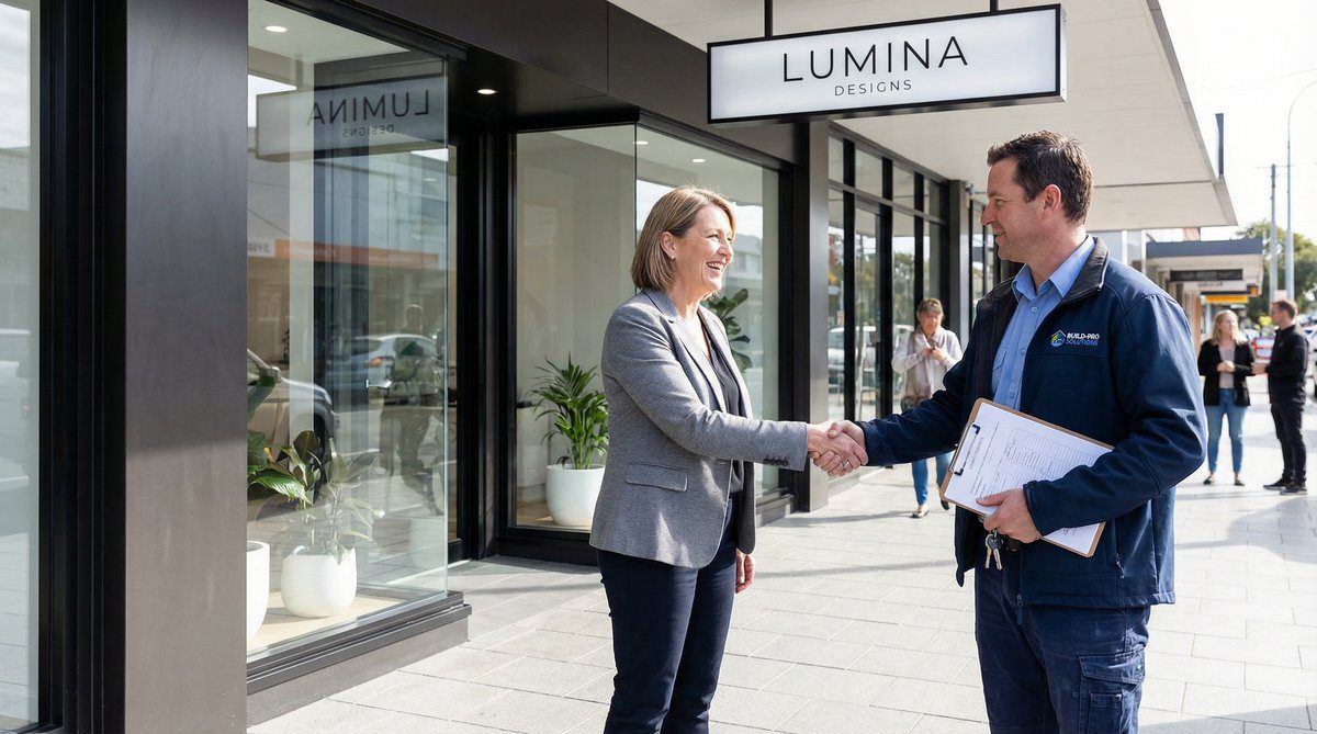 Completed shop front project handover with satisfied customer