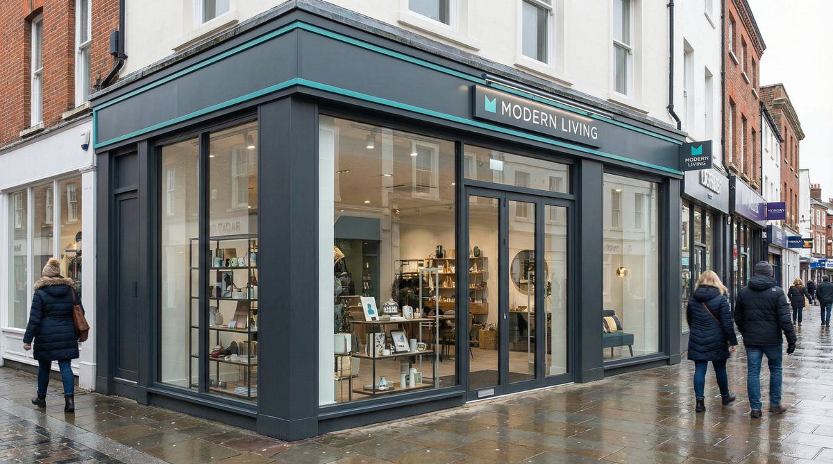 Aluminium shop front with slim frames and large glass panels