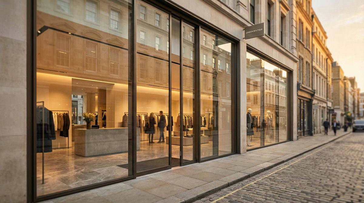 Floor-to-ceiling glass shop front with frameless design