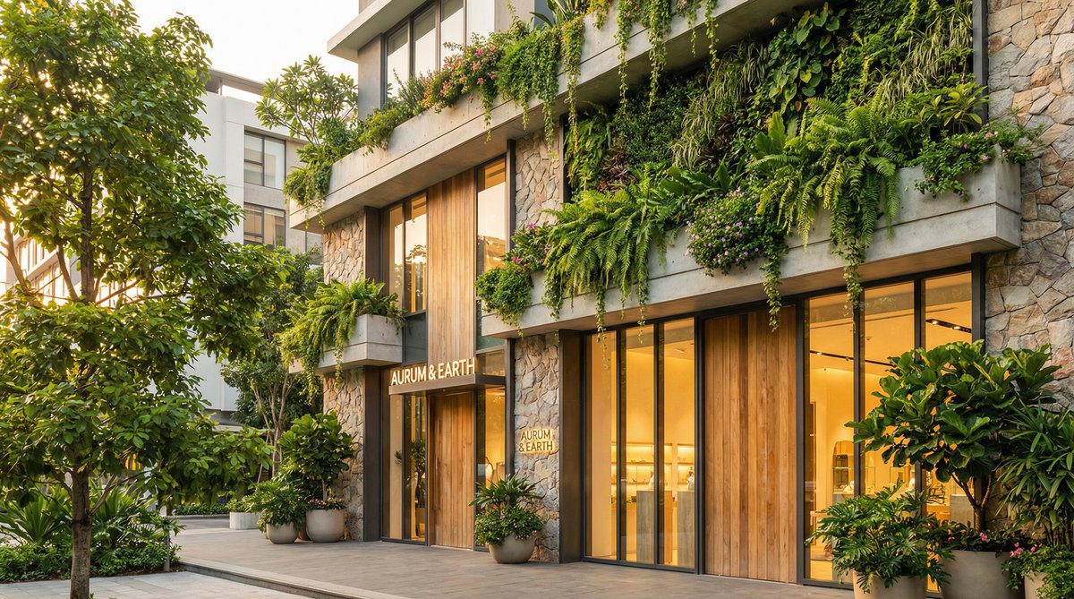 Biophilic shop front design with integrated planters and living wall elements