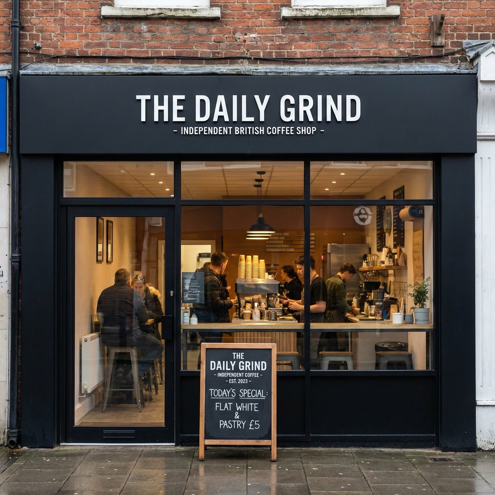 Black powder coated aluminium shopfront for cafe