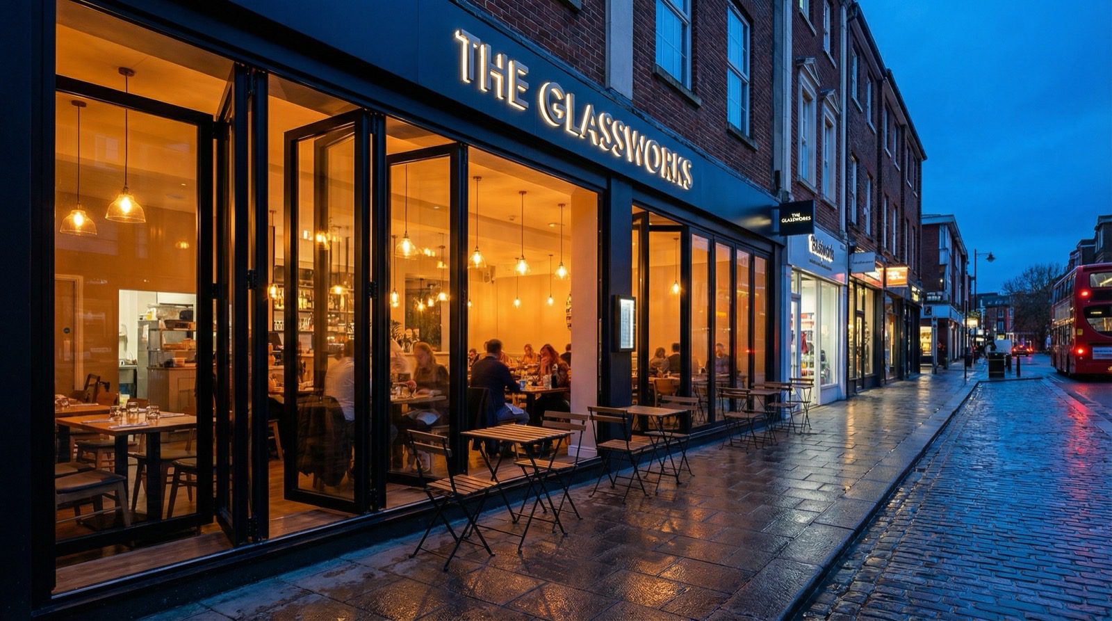 Full-width aluminium glazed frontage for restaurant