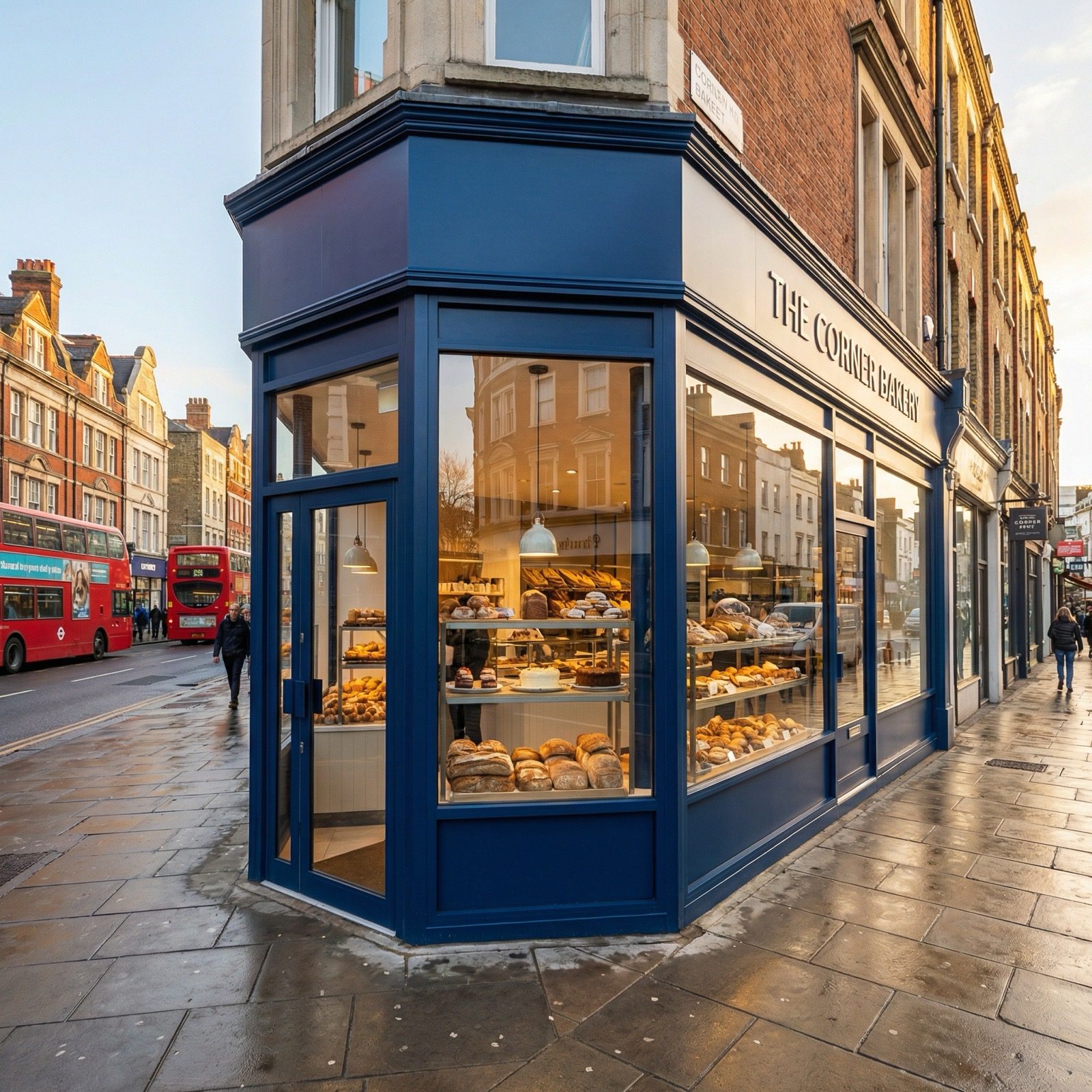 Blue aluminium corner-unit shop front for bakery