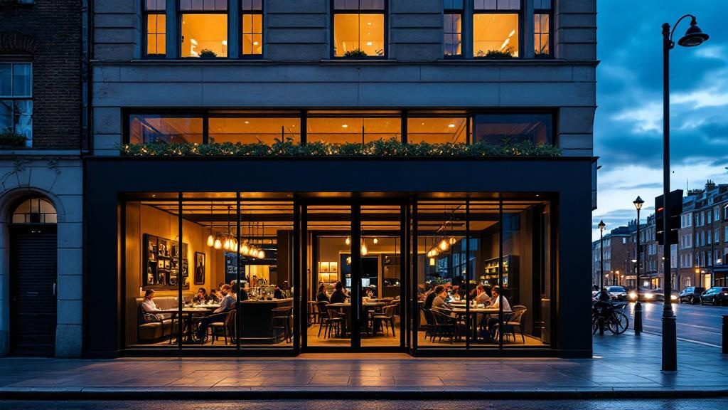 Modern black aluminium shopfront with automatic door