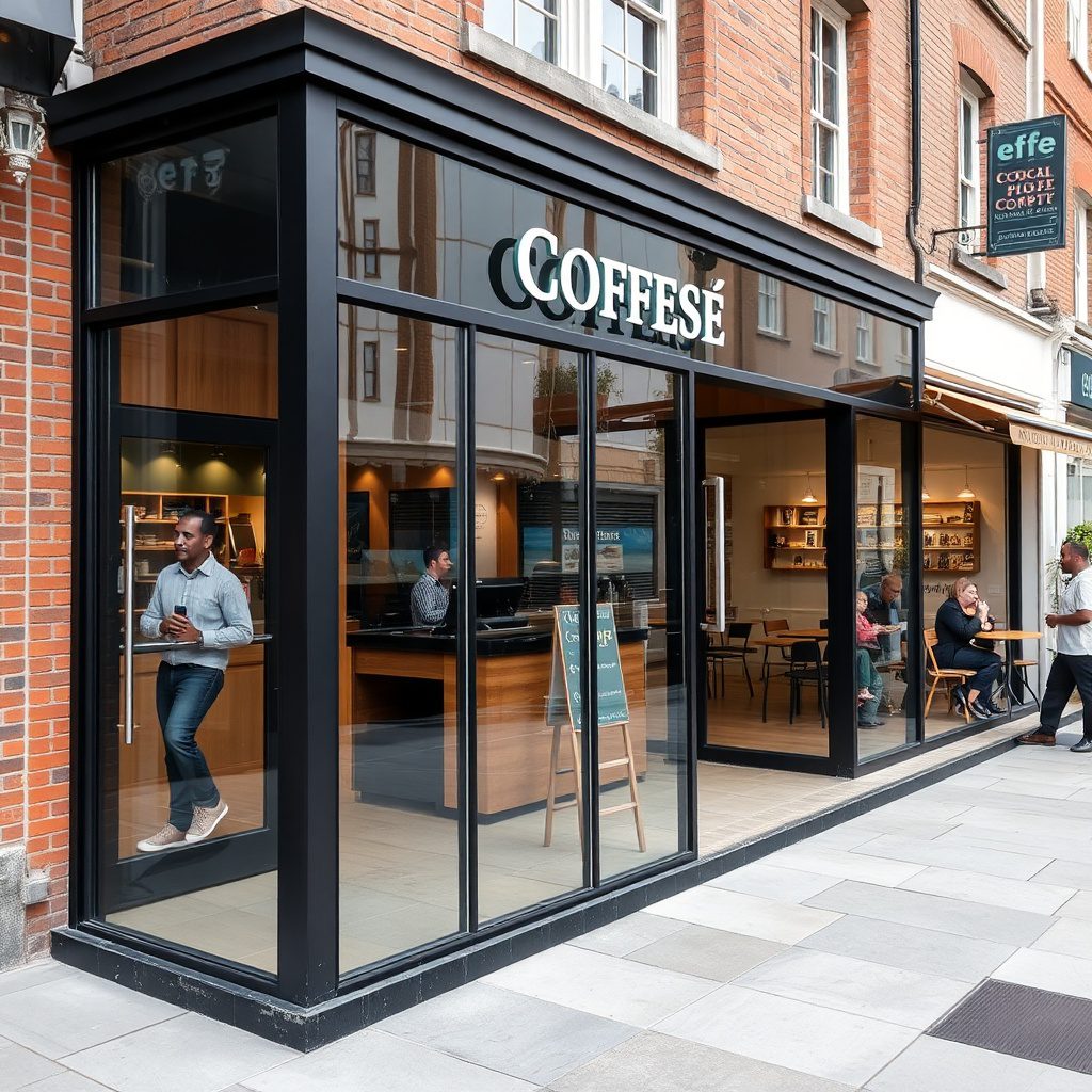 Toughened glass shopfront for coffee shop and cafe