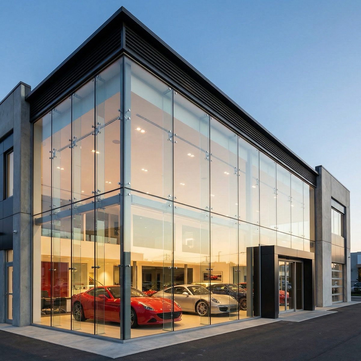 Structural glazing system for car showroom