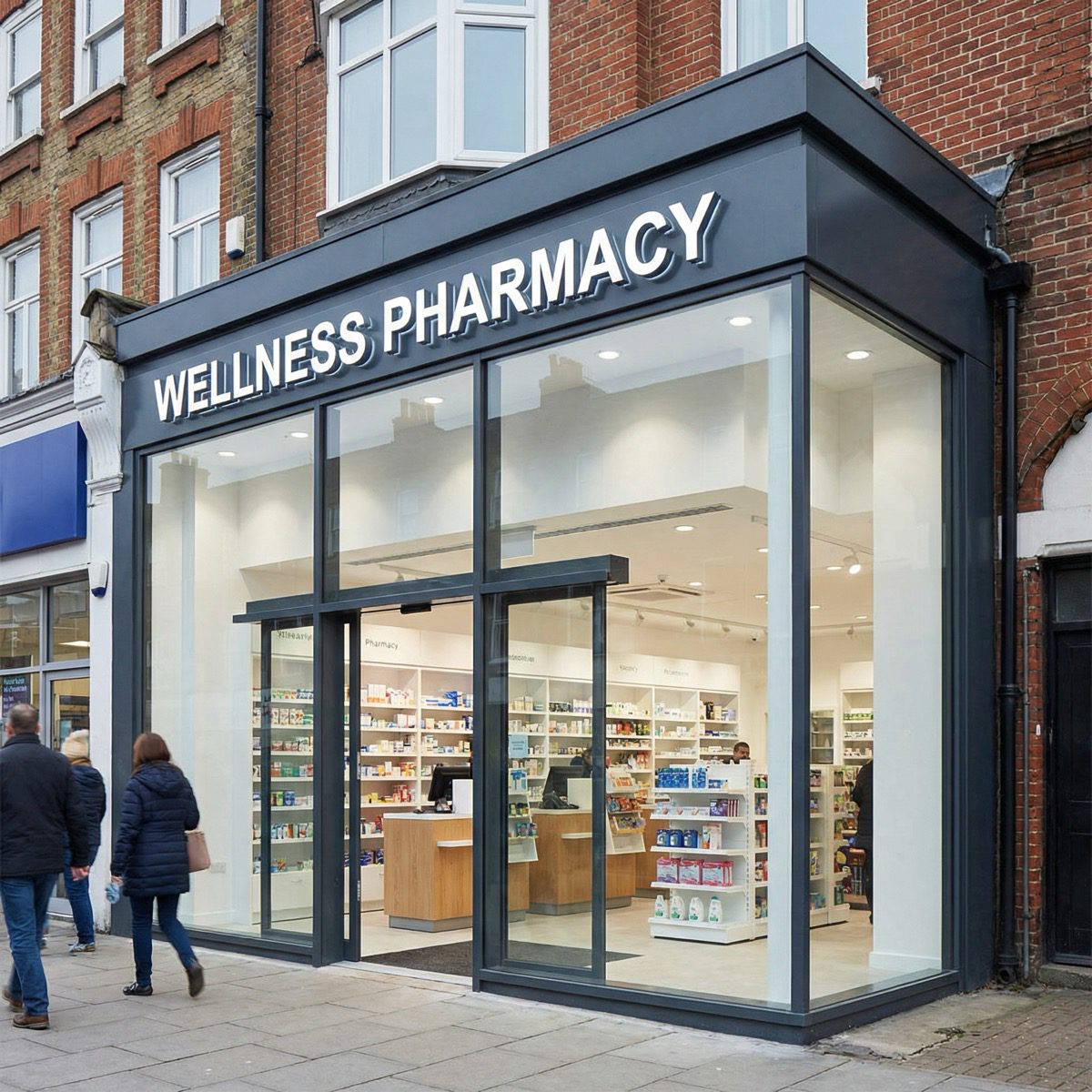 Toughened glass shop front with aluminium frame for pharmacy