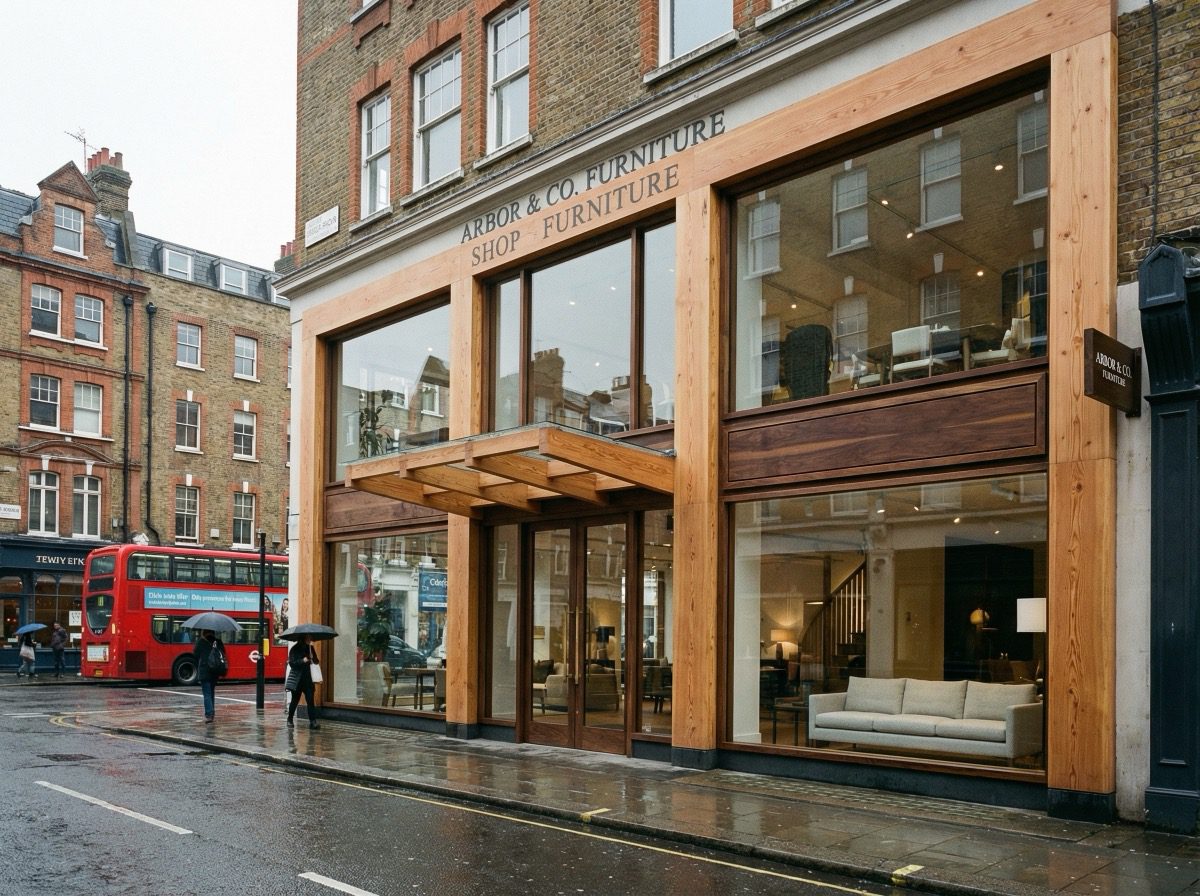 Timber shop front with recessed entrance for estate agent