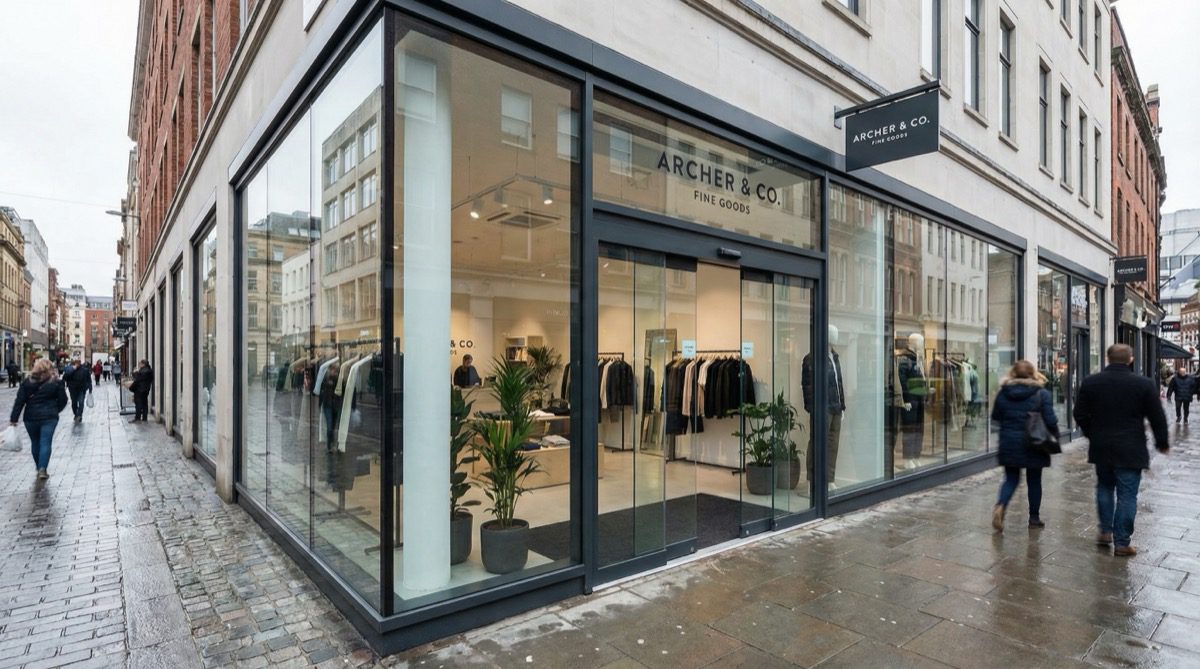 Toughened glass shop front with aluminium frame for retail store