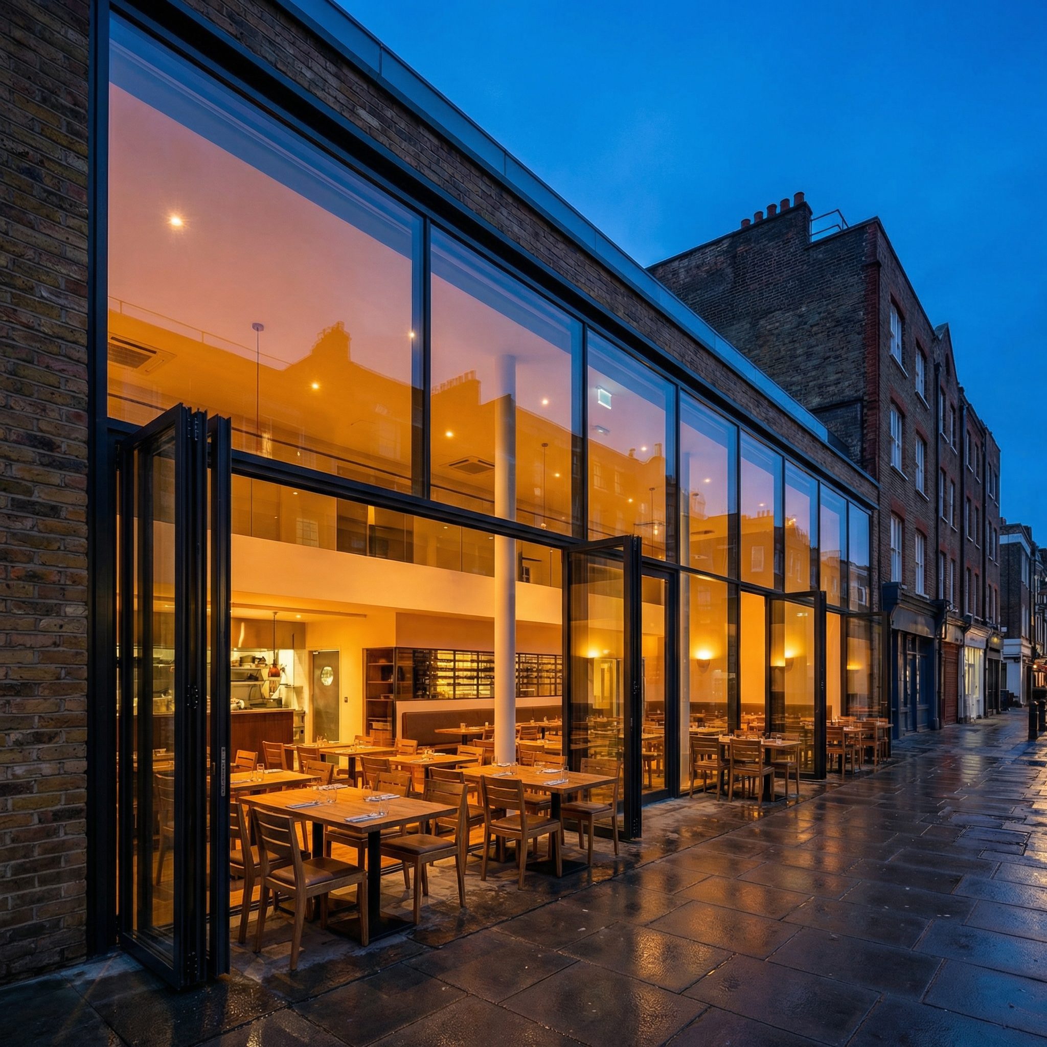 Full-width aluminium shopfront for restaurant