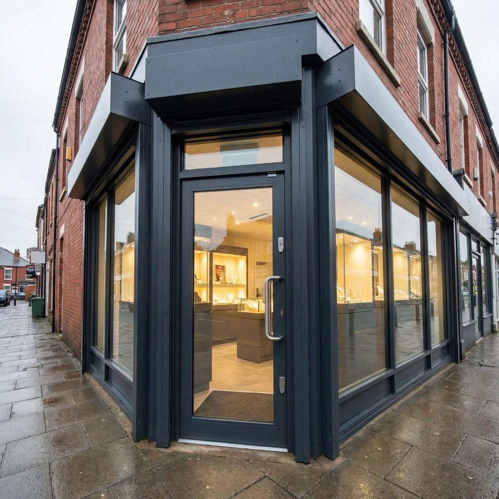 High security aluminium shop front with laminated glass