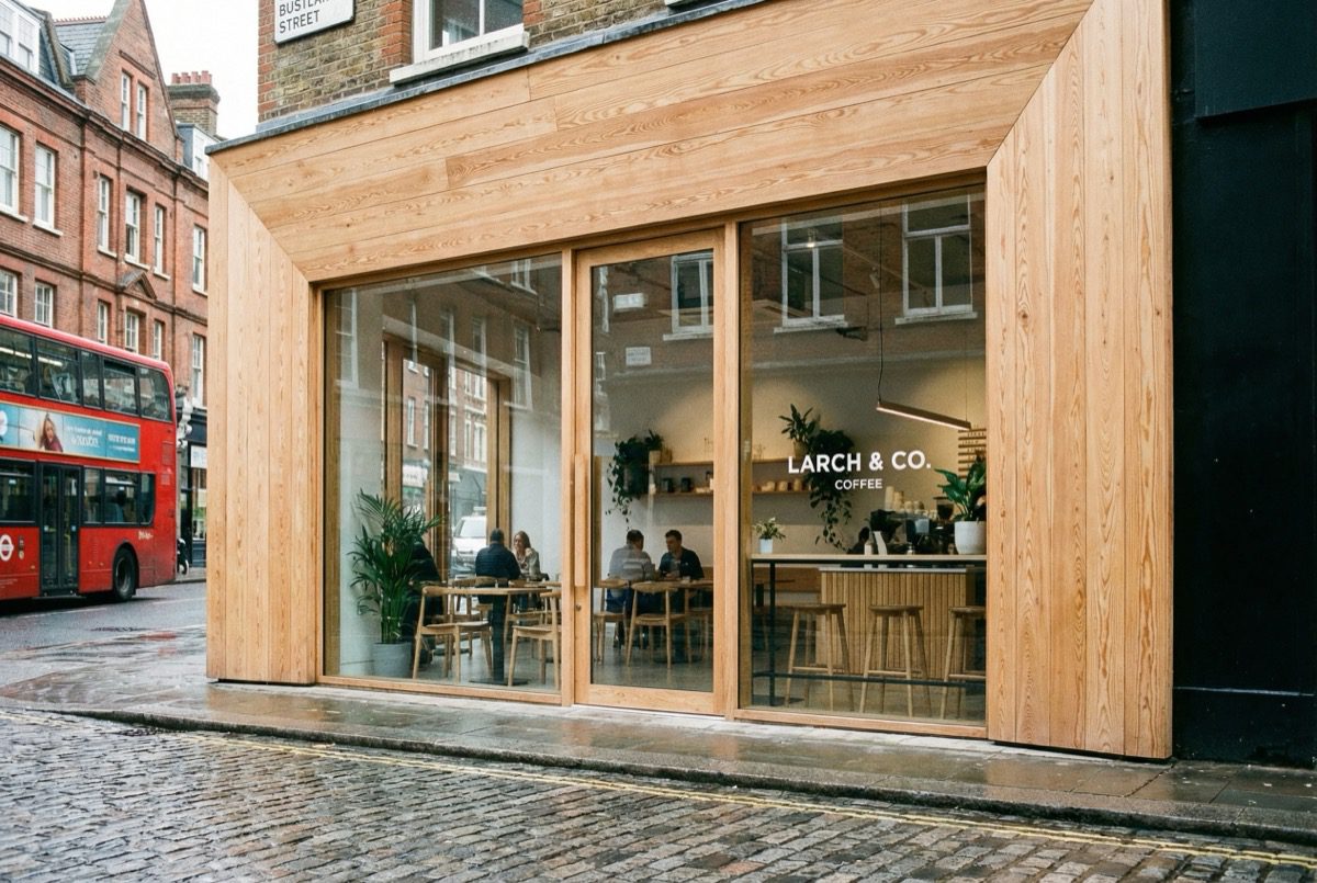 Modern contemporary timber shop front with clean lines and dark stain