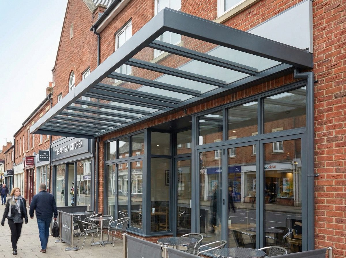 Aluminium framed canopy over shop entrance
