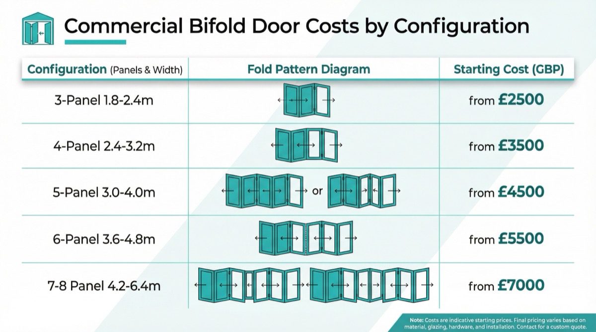 Commercial bifold door costs by panel configuration