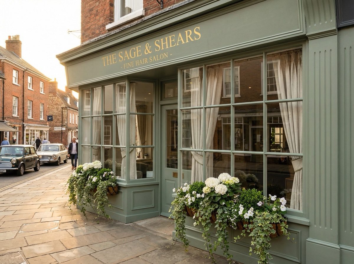 High-end boutique hair salon with timber and glass shop front featuring hand-painted signage