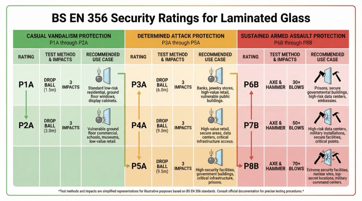 BS EN 356 security ratings for laminated glass P1A to P8B