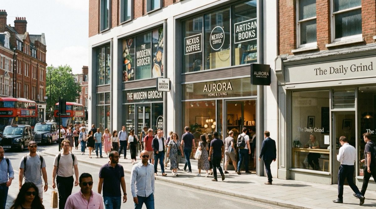 Busy UK high street with well-designed shop fronts attracting footfall