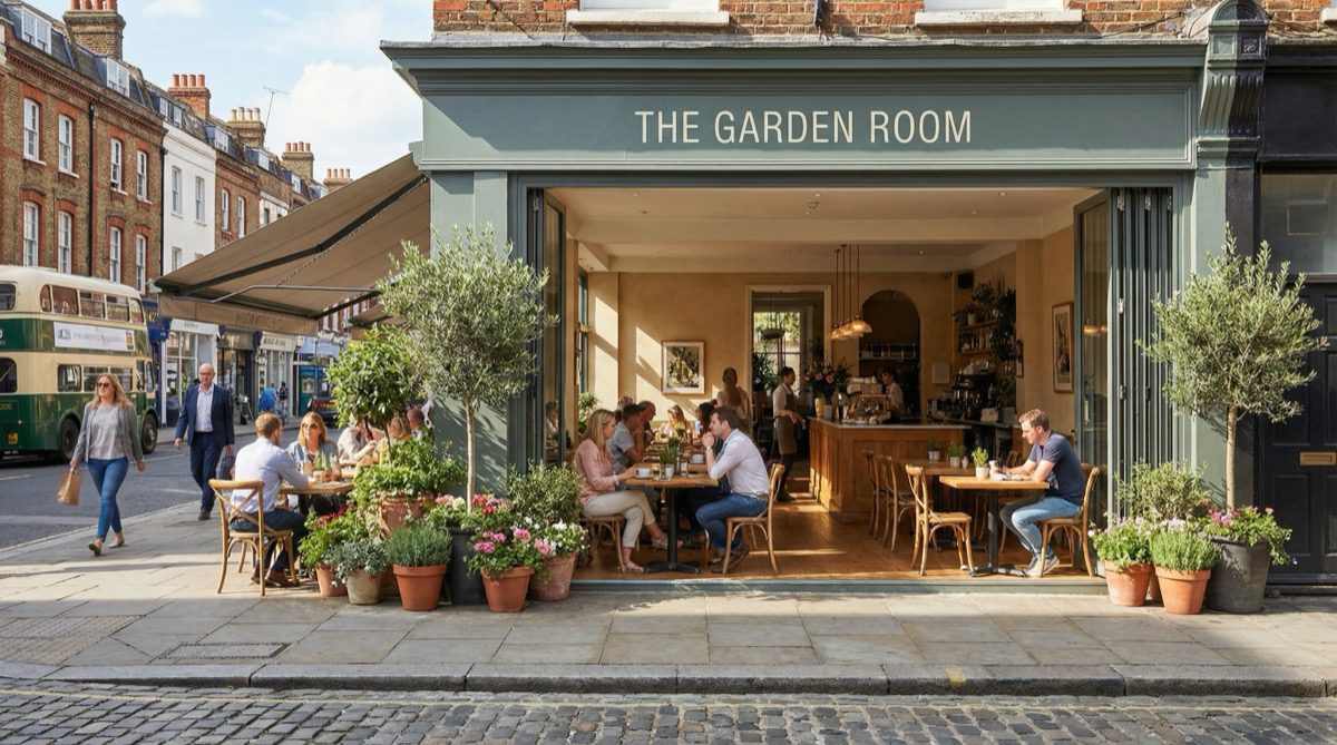 Cafe with bifold doors wide open on sunny day with outdoor seating