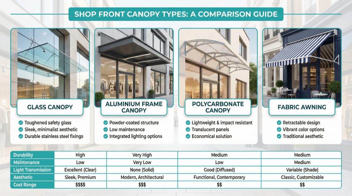 Comparison of glass vs polycarbonate vs aluminium vs fabric canopies