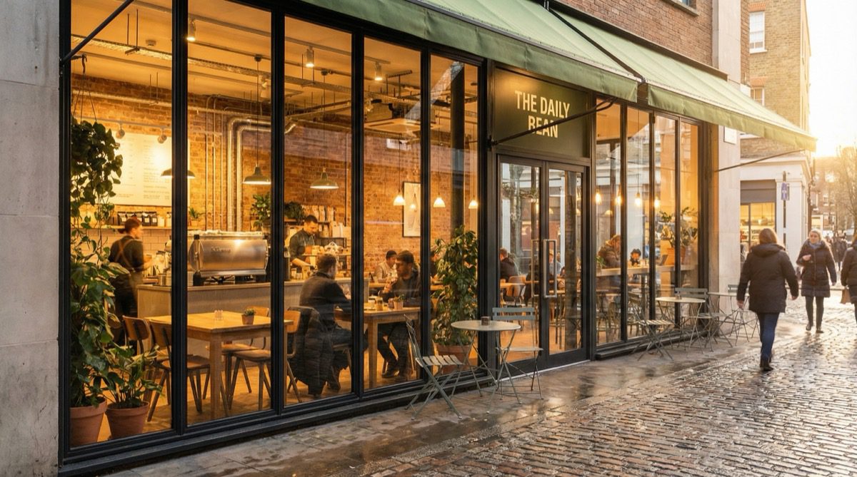 Trendy UK coffee shop with full glass shop front