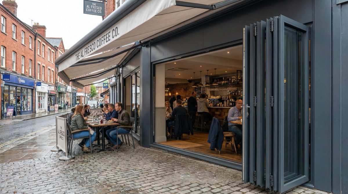 UK cafe with commercial aluminium bifold doors open for al fresco dining