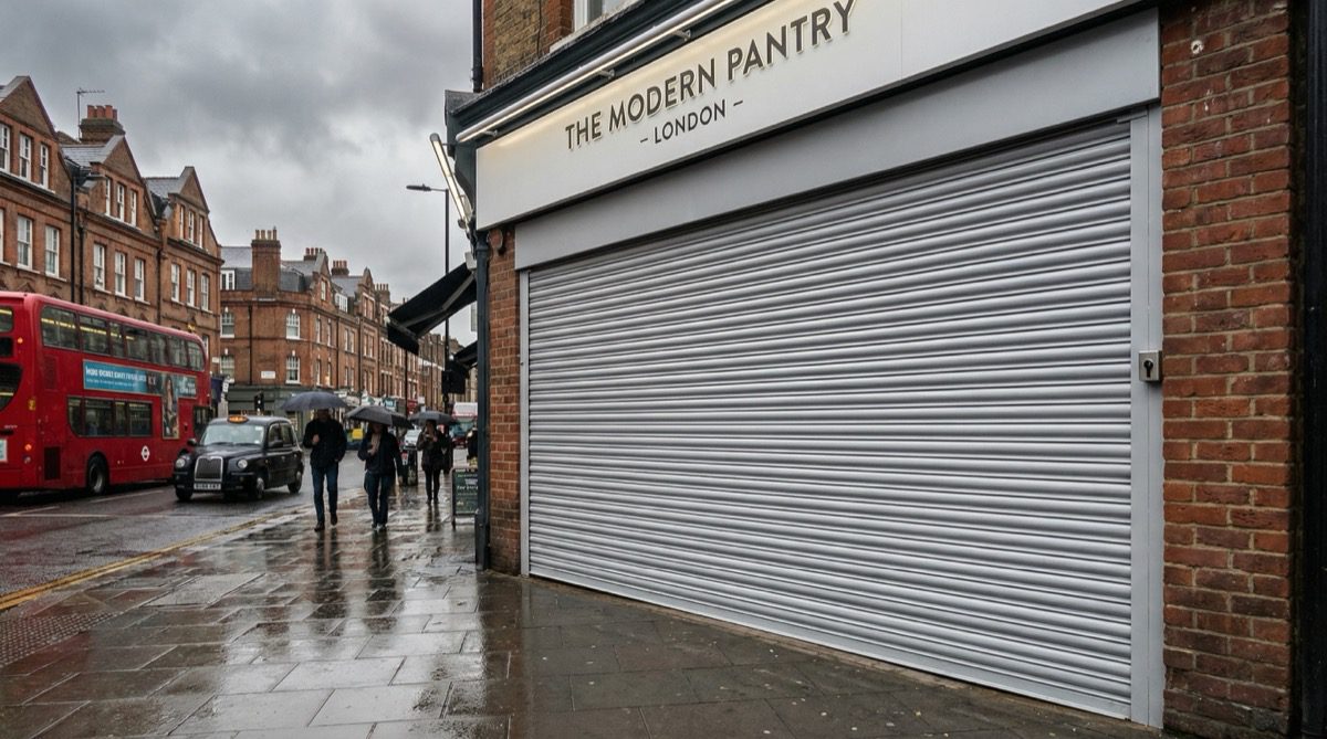 Commercial electric roller shutter on UK high street shop