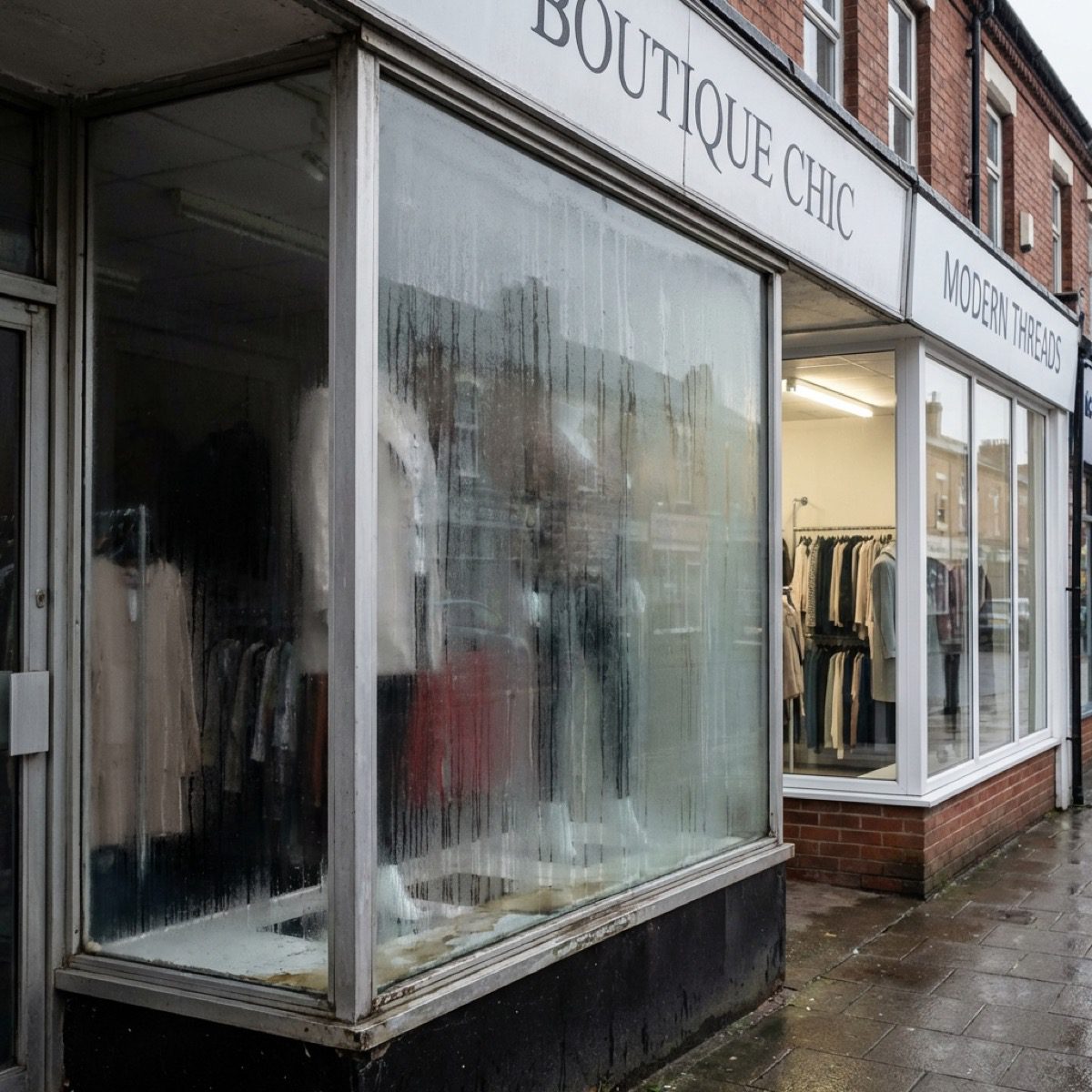 Condensation on single-glazed shop front obscuring window display