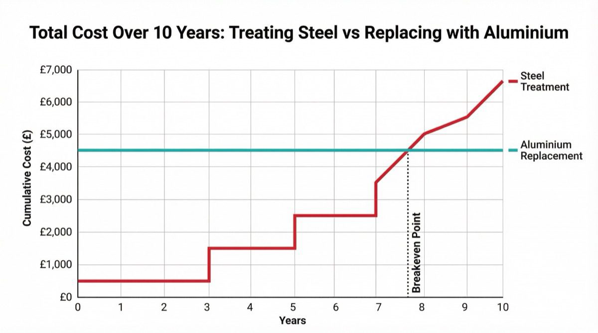 10 year cost comparison chart - steel treatment vs aluminium replacement