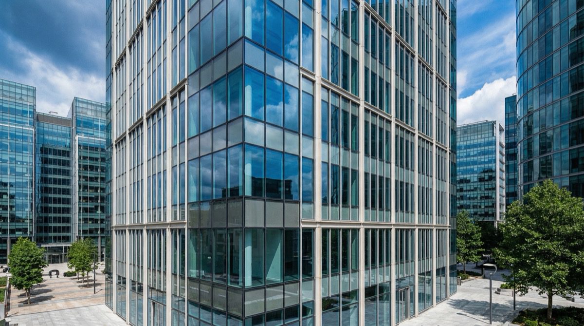 Modern UK commercial building with full aluminium curtain wall facade
