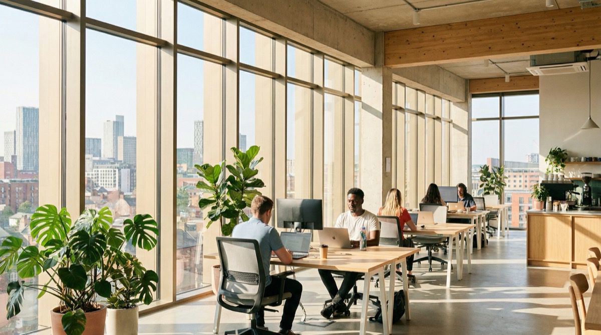 Office interior flooded with natural daylight through curtain wall glazing