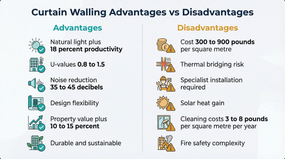 Curtain walling advantages vs disadvantages infographic