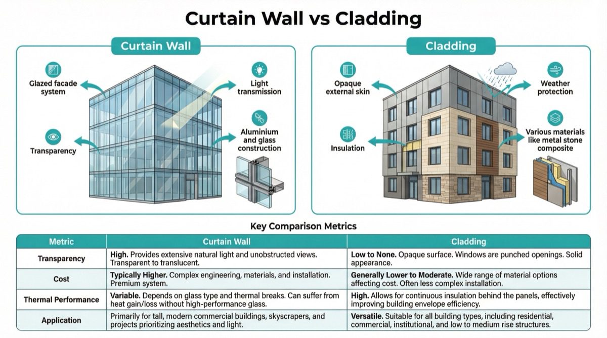 Curtain wall vs cladding comparison infographic