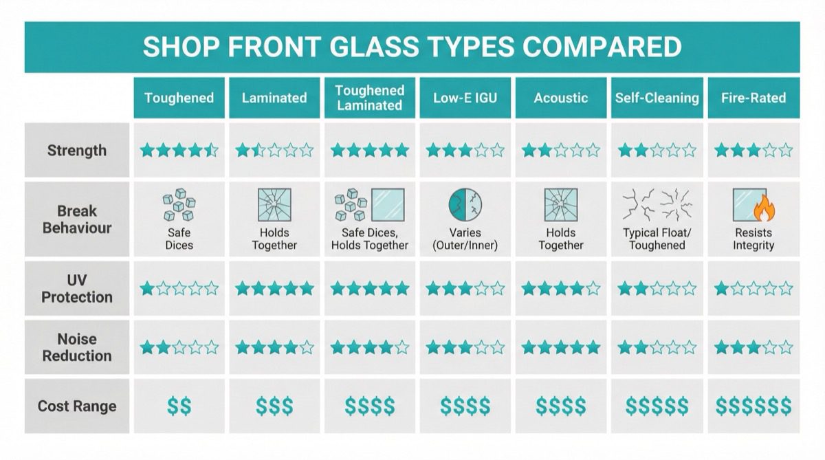 Shop front glass types compared - 7 types side by side