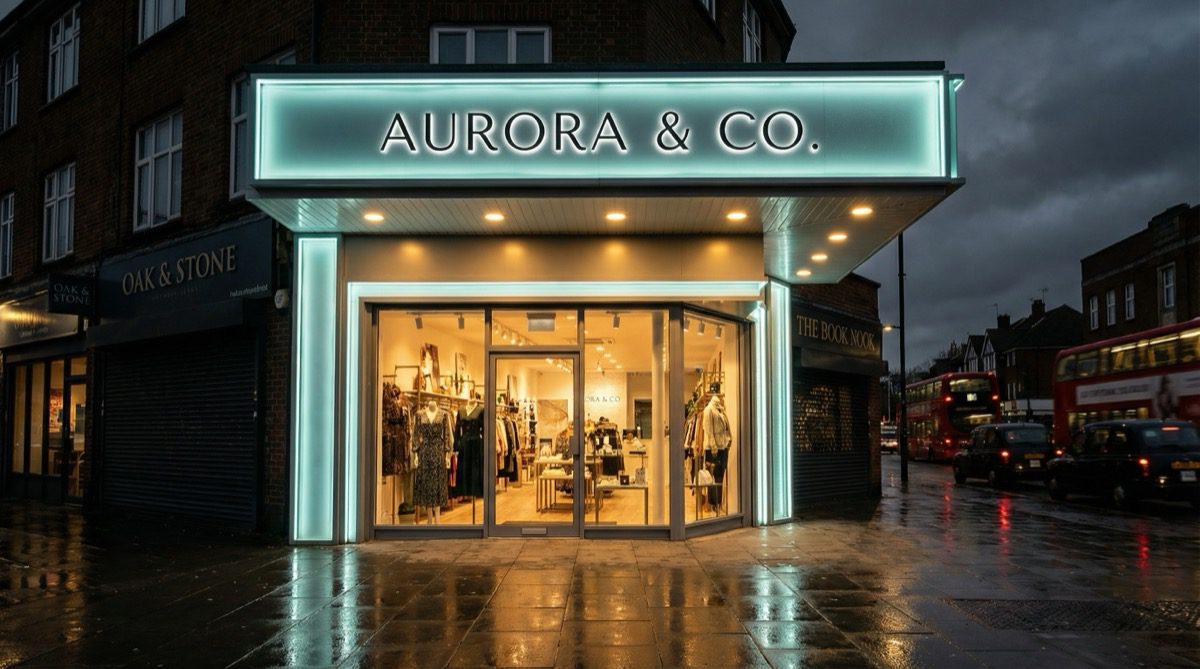 Beautifully lit shop front at night with integrated LED lighting