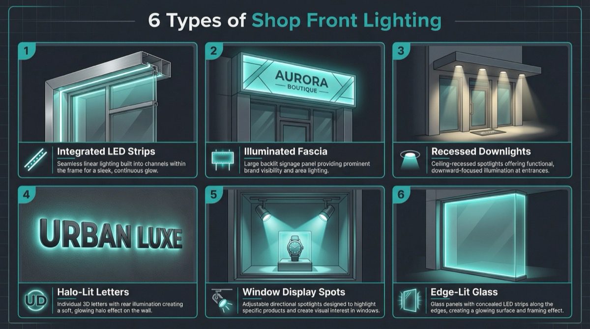 Types of shop front lighting illustrated