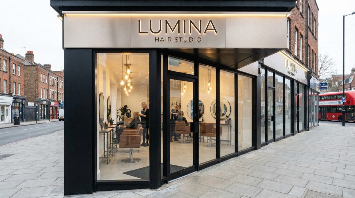 Modern aluminium and glass hair salon shop front with illuminated fascia signage on a UK high street