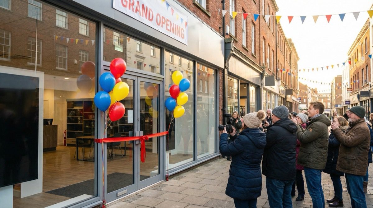 New shop opening day with fresh aluminium and glass shop front