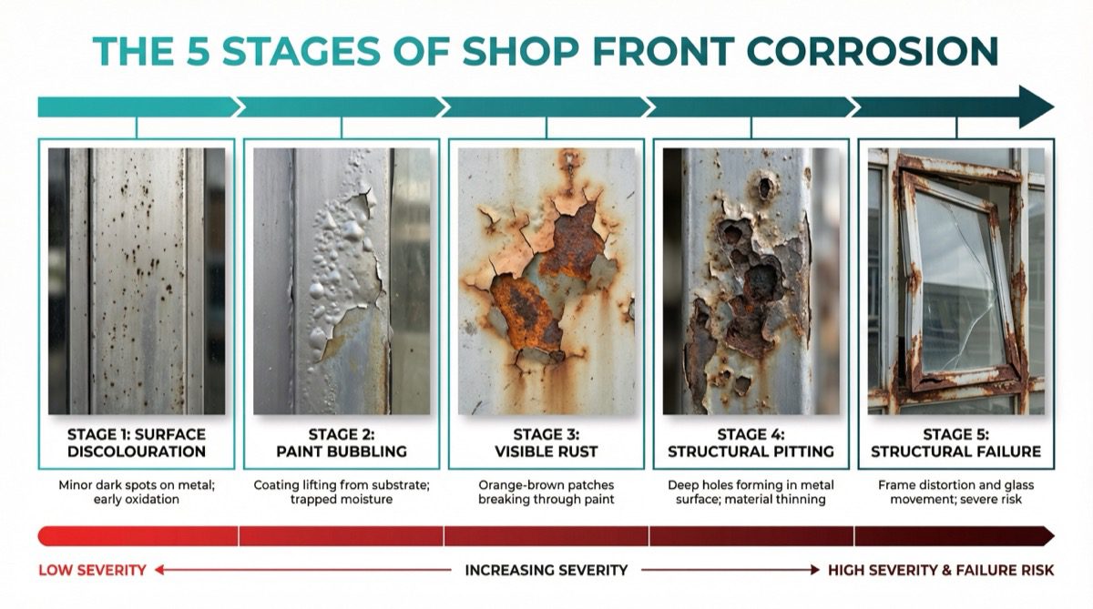 The 5 stages of shop front corrosion from surface discolouration to structural failure