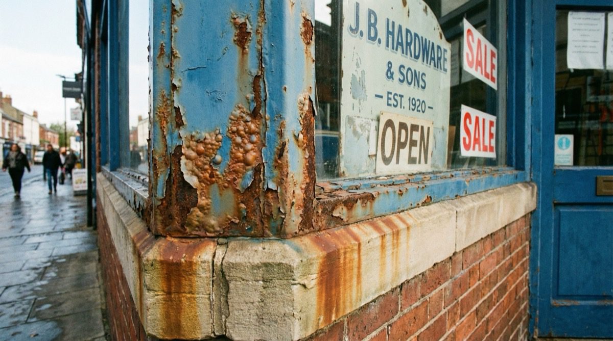 Rusted steel shop front frame with flaking paint and corrosion staining