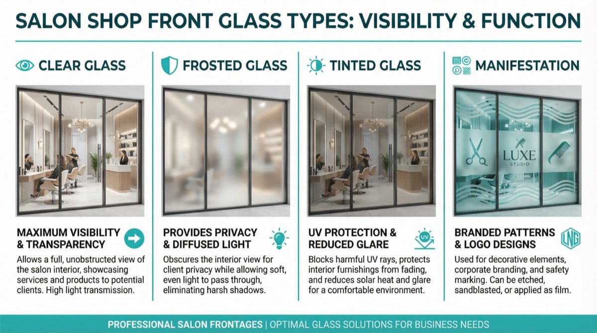 Infographic comparing four glass types for salon shop fronts - clear, frosted, tinted, and manifestation designs