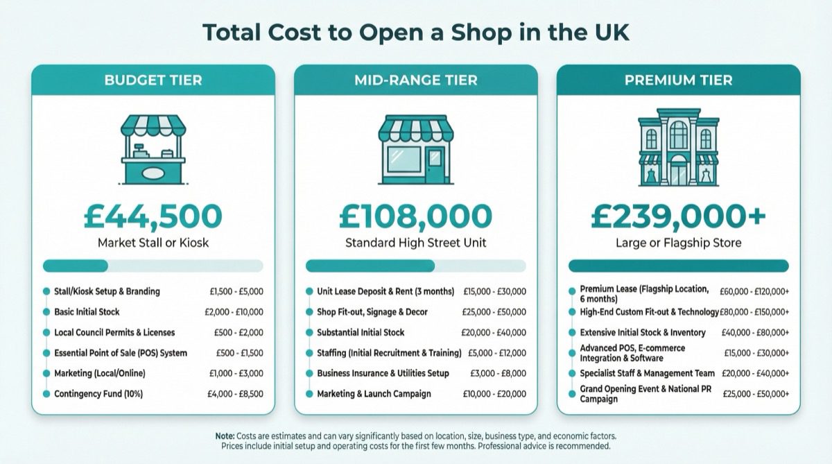 Total cost to open a shop in the UK three budget tiers