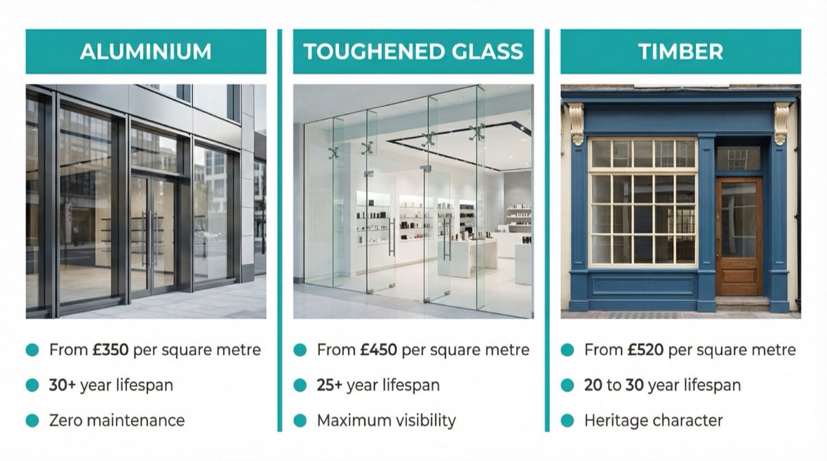 Comparison of aluminium glass and timber shop front materials