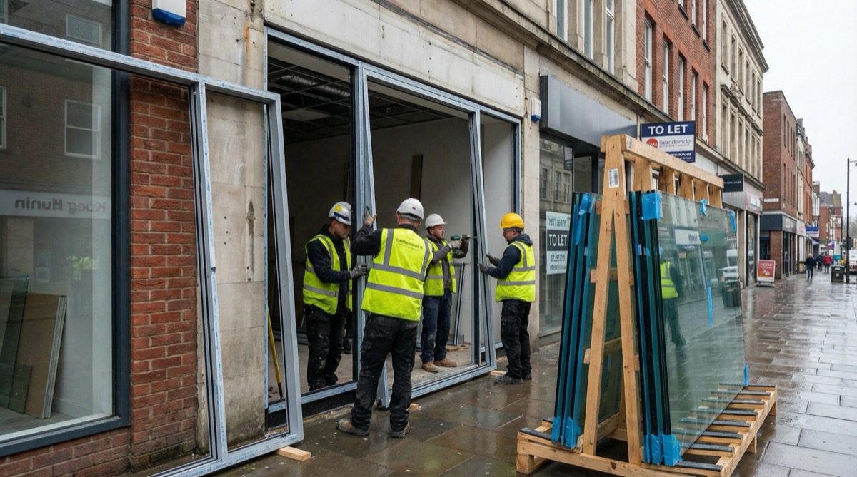 Shop front being installed on UK high street by professional team