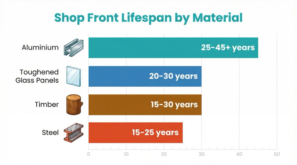 Shop front lifespan by material - aluminium glass timber steel