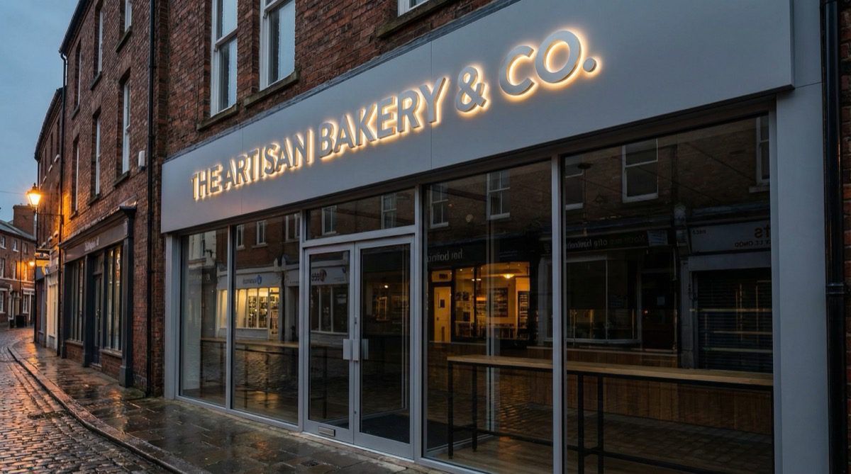 Illuminated fascia sign with halo-lit 3D lettering on a shop front