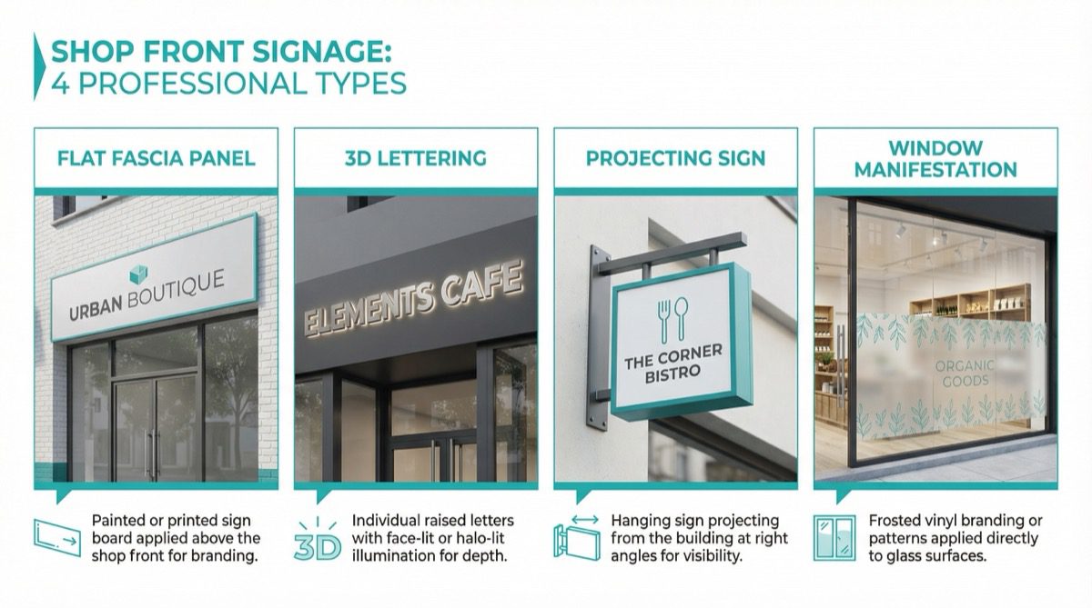 Four types of shop front signage - fascia panel, 3D lettering, projecting sign, window manifestation