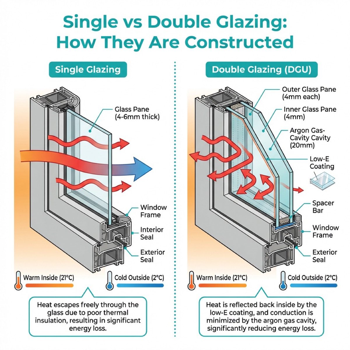 Cross-section comparison of single vs double glazing construction