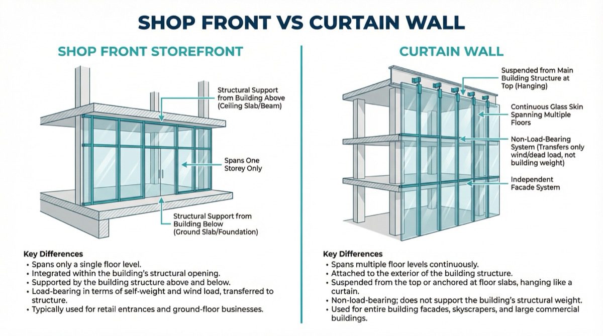Shop front vs curtain wall structural comparison infographic